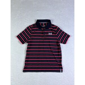 Under Armour Boys L Striped Dark Pink Gray Black Performance Polo Shirt Golf